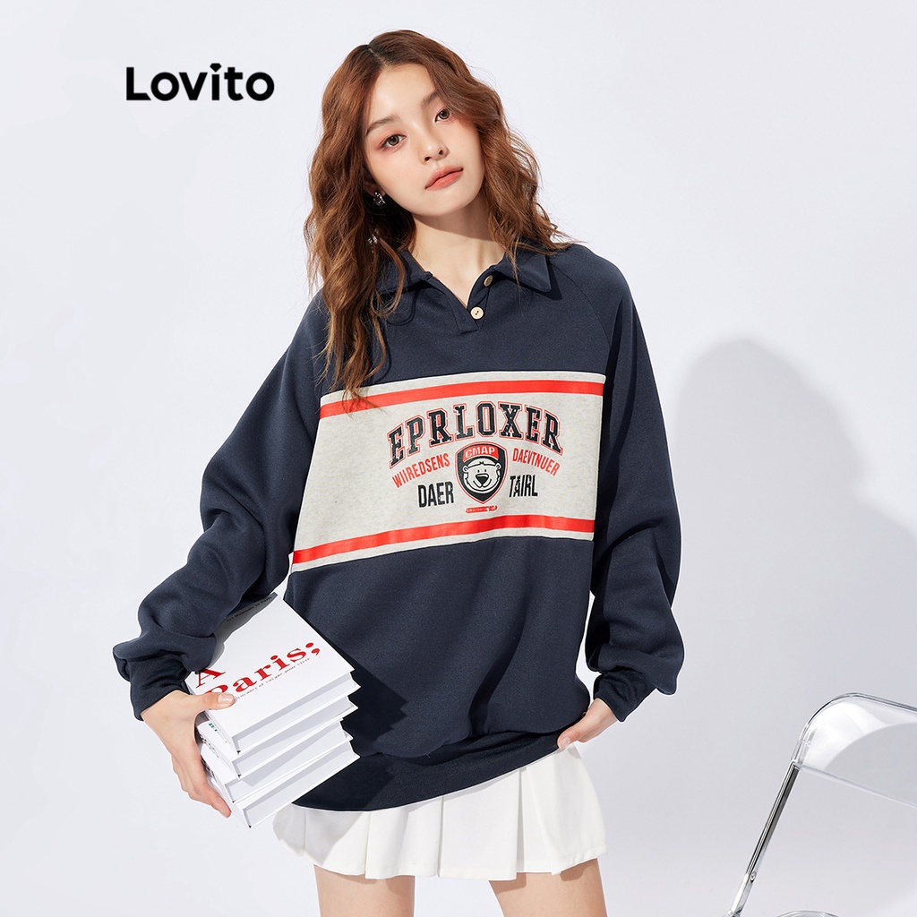Áo len Lovito quá cỡ unisex họa tiết chữ cái tay dài màu trơn phong cách thường ngày L32FW014 (màu vàng đất)