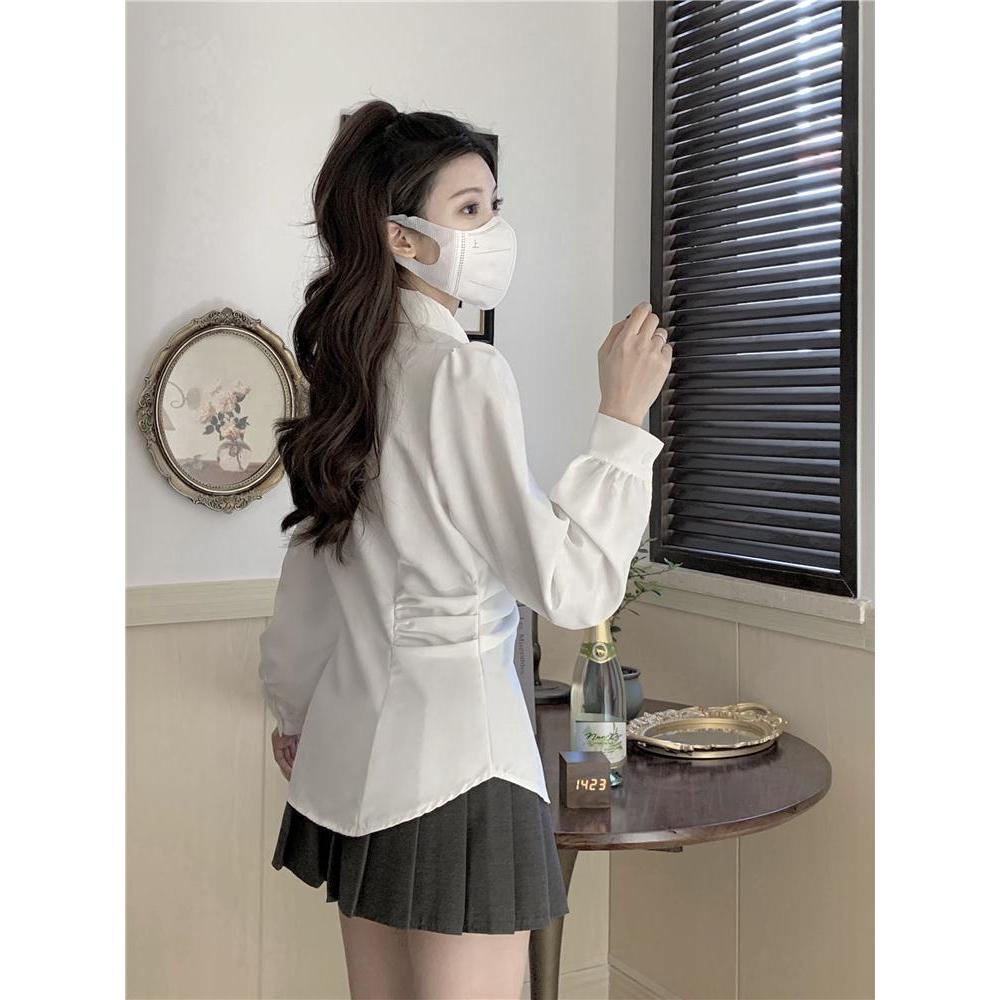 COZOK Áo Sơ Mi Trắng Tay Phồng Chiết Eo Thời Trang