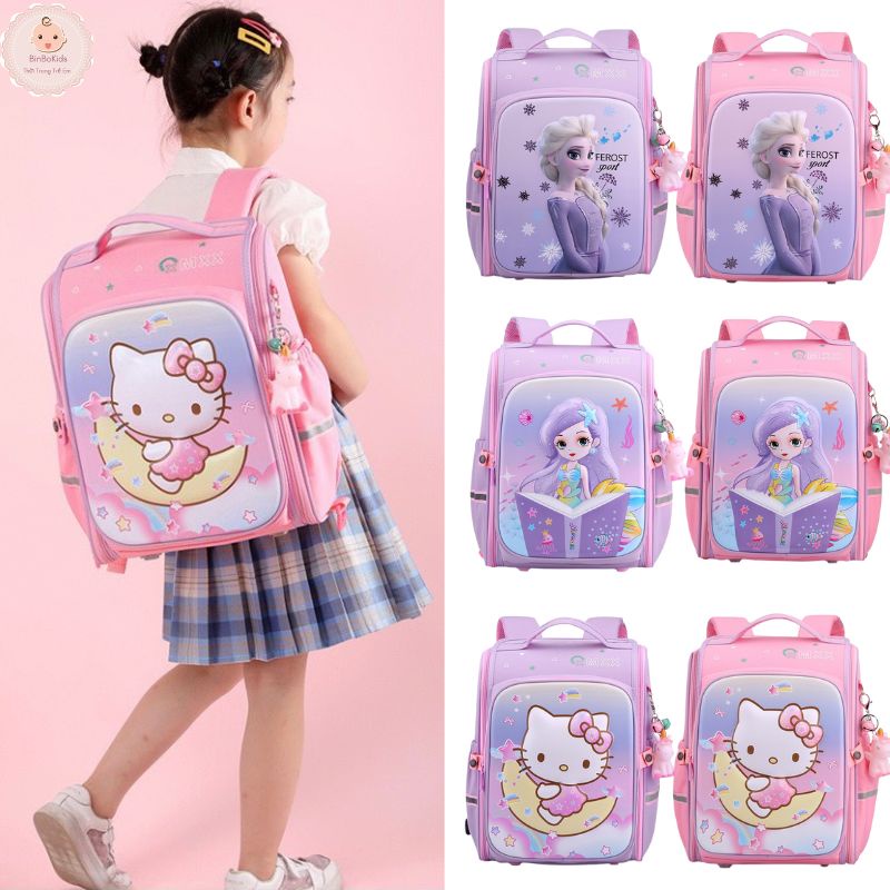 Balo chống gù, cặp sách trẻ em cho bé gái đi học tiểu học lớp 1 2 3 họa tiết 3D Kitty Công chúa Elsa BinBoKids2022