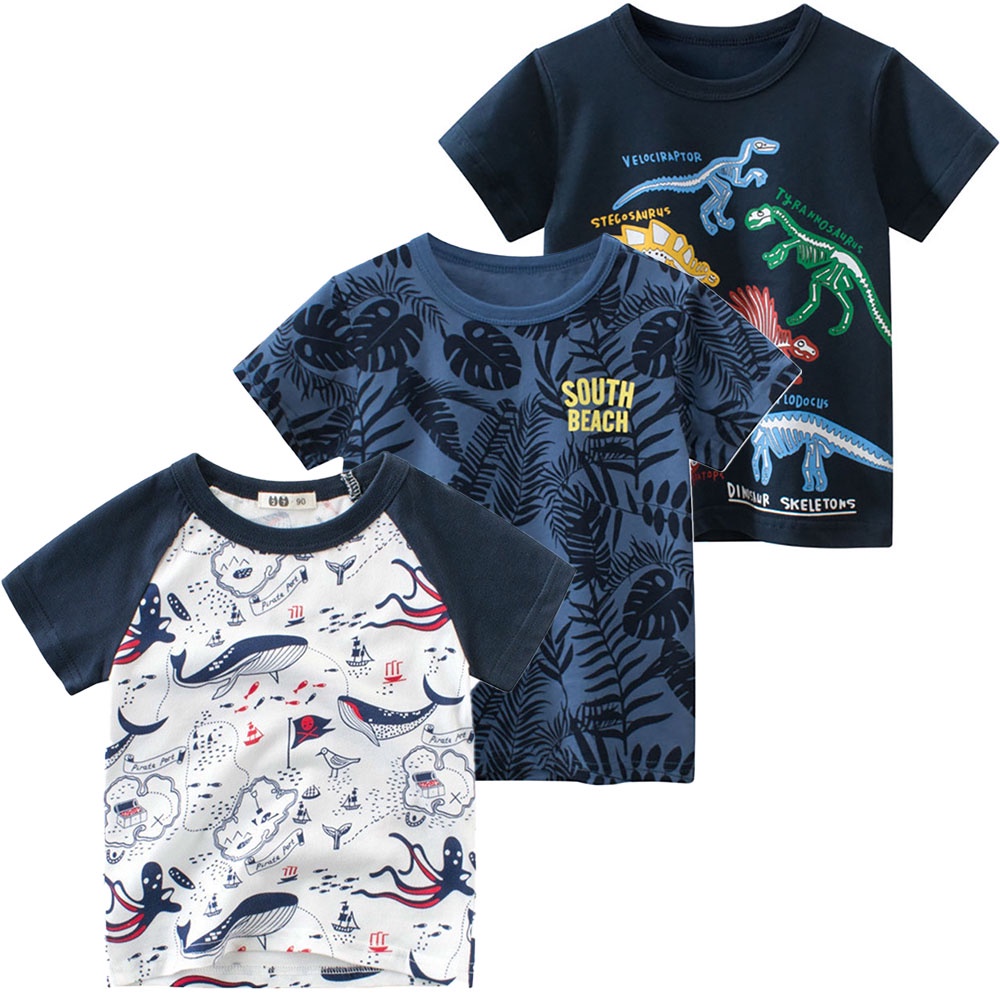 Áo Thun Cotton Tay Ngắn In Cá Mập Hoạt Hình Thời Trang Mùa Hè 3 Màu Dành Cho Trẻ Em