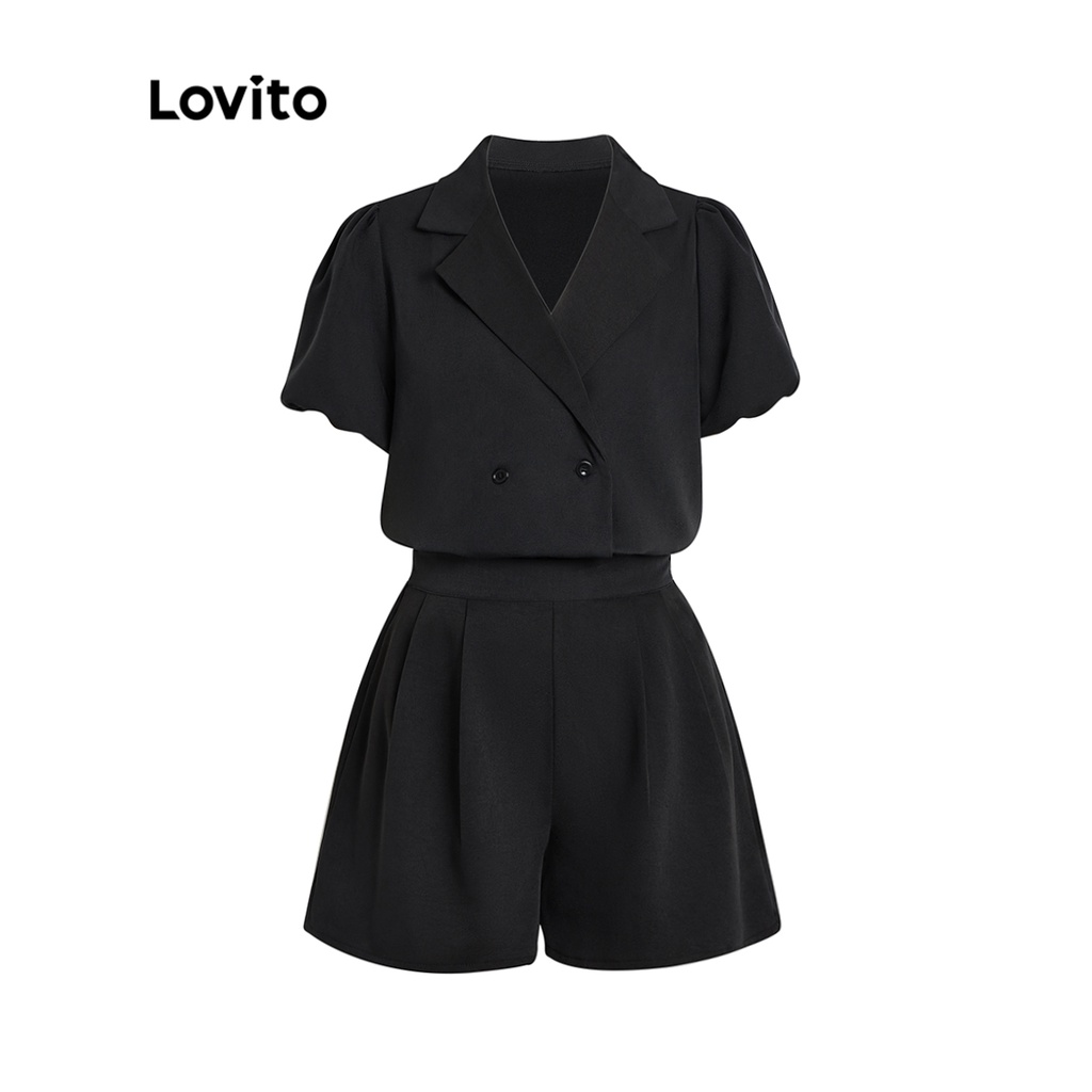 Bộ quần đùi + áo Lovito trơn tay phồng cổ bẻ phối hai hàng cúc đơn giản cho nữ L45LD068 (màu đen)