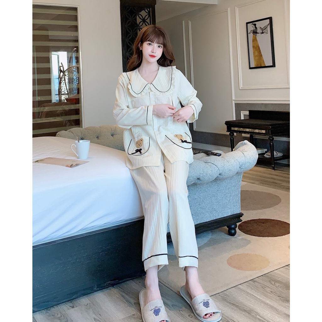 Bộ đồ bầu pyjama viền bèo, áo dài quần dài chất ĐŨI GÂN đẹp mặc bầu và sau sinh BD960