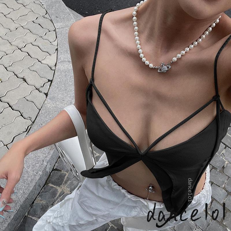 Dance1o1-Áo hai dây Hở Lưng Màu Trơn Mùa Hè Giản Dị Dành Cho Bạn Nữ