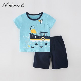 24-27kg, Mã 6330 bộ cotton bé trai ngắn tay họa tiết mèo đi biển trên tàu thủy của Malwee