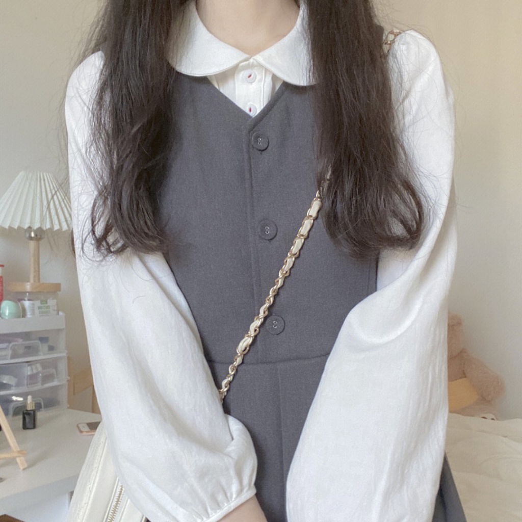 Set Áo Sơ Mi Cổ Búp Bê + Đầm Hai Dây Phong Cách Retro Pháp Hàng Mới 2023