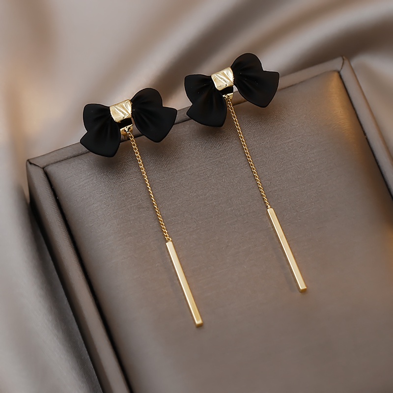 Bông Tai Mạ Bạc 925 Dáng Dài Đính Nơ Tua Rua Màu Đen Phong Cách Hàn Quốc Thời Trang 2023 Cho Nữ