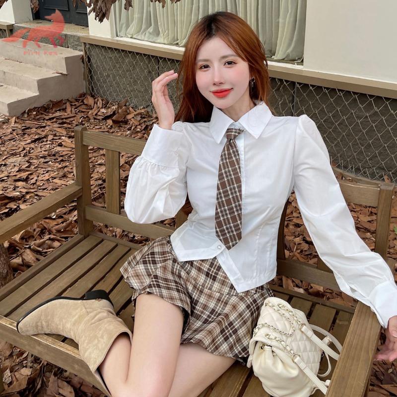 Set Áo Sơ Mi Trắng Ôm Eo + Chân Váy Chữ A Lưng Cao Kẻ Sọc Caro Ngọt Ngào Cho Tuổi Teen jk Preppy