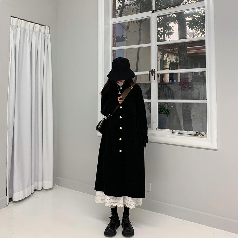 Áo khoác dáng dài mix chân váy ren hoa Ulzzang