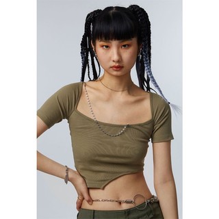 Designed Croptop - Áo croptop ngắn tay khoét lưng phối xích