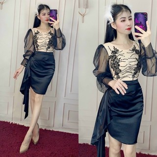 ĐẦM BODY TAY PHỒNG KẾT HOA PHA LÊ