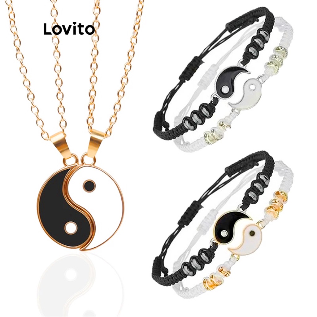 Set 2 dây chuyền LOVITO mặt hình cặp đôi âm dương thường ngày cho nữ L46AD001 (màu vàng/ màu bạc)