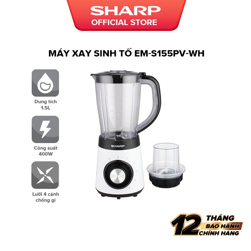 Máy Xay Sinh Tố Sharp EM-S155PV-WH 1.5L [Công suất: 500W, 5 Tốc Độ Xay]