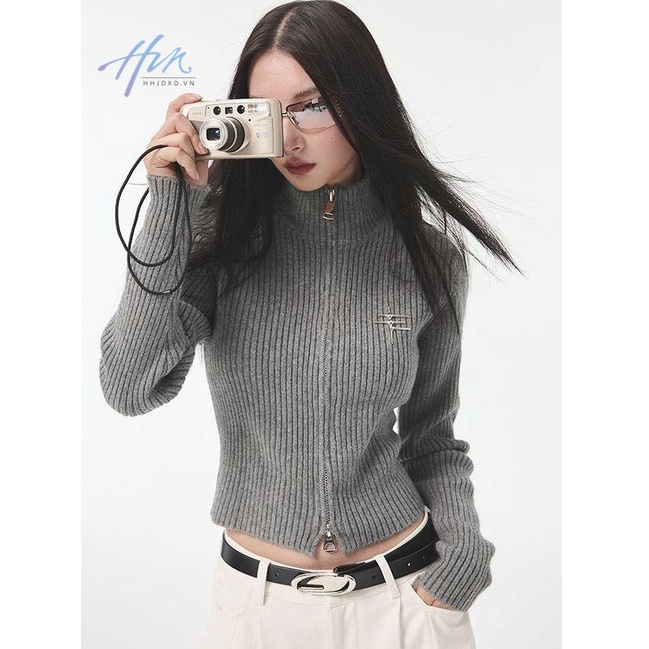 Áo Khoác Cardigan Dệt Kim Dáng Ngắn Có Khóa Kéo Thời Trang Xuân Thu Cho Nữ