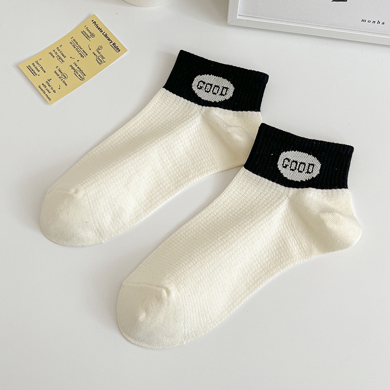 Tất Cotton Cổ Thuyền Màu Trắng Đen Đơn Giản Thời Trang Bốn Mùa Cho Nữ