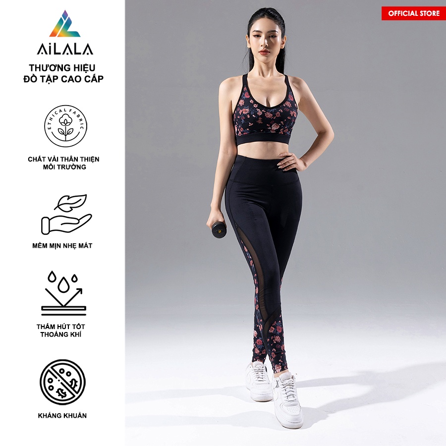 Bộ đồ tập Yoga Gym Pilates Nữ đẹp cao cấp AiLALA LUX58 họa tiết hoa hồng phối viền lưới