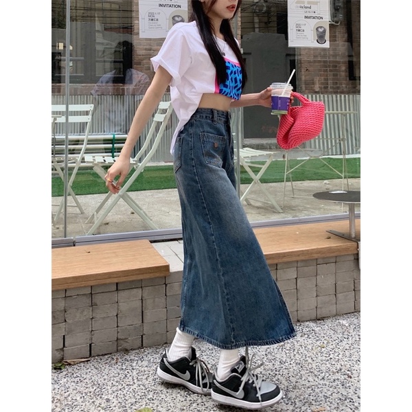 [Ảnh/ video thật] Chân váy jeans CV2 dáng dài xẻ trước 2 túi phomg cách. Chân váy bò dài basic dễ mặc.