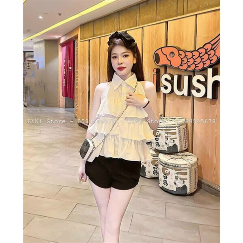 Set đồ nữ cá tính đi chơi xinh xắn với quần đùi ngắn tapta kèm áo kiểu nữ form rộng xếp tầng nhẹ nhàng dễ thương