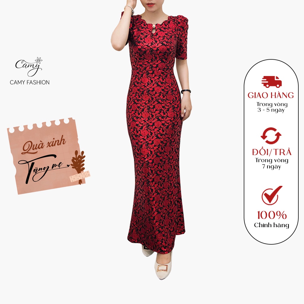 Đầm cho mẹ người trung niên đi dự tiệc thun kim sa hoạt tiết sang trọng cao cấp camyfashion - MS 3610_3621