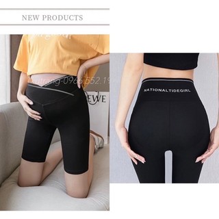 Quần legging bầu đùi – quần bầu lửng cạp chéo bozip viền chữ