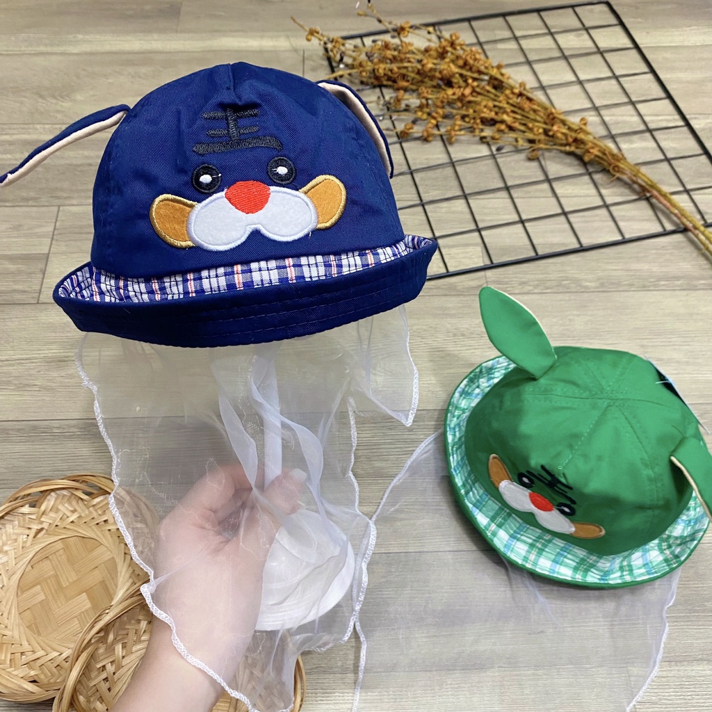 Nón tai bèo thêu hình cún có voan che bụi cho bé siêu cưng - NN31