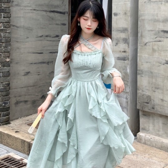 Váy đầm midi tay dài phong cách tiểu thư xinh xắn