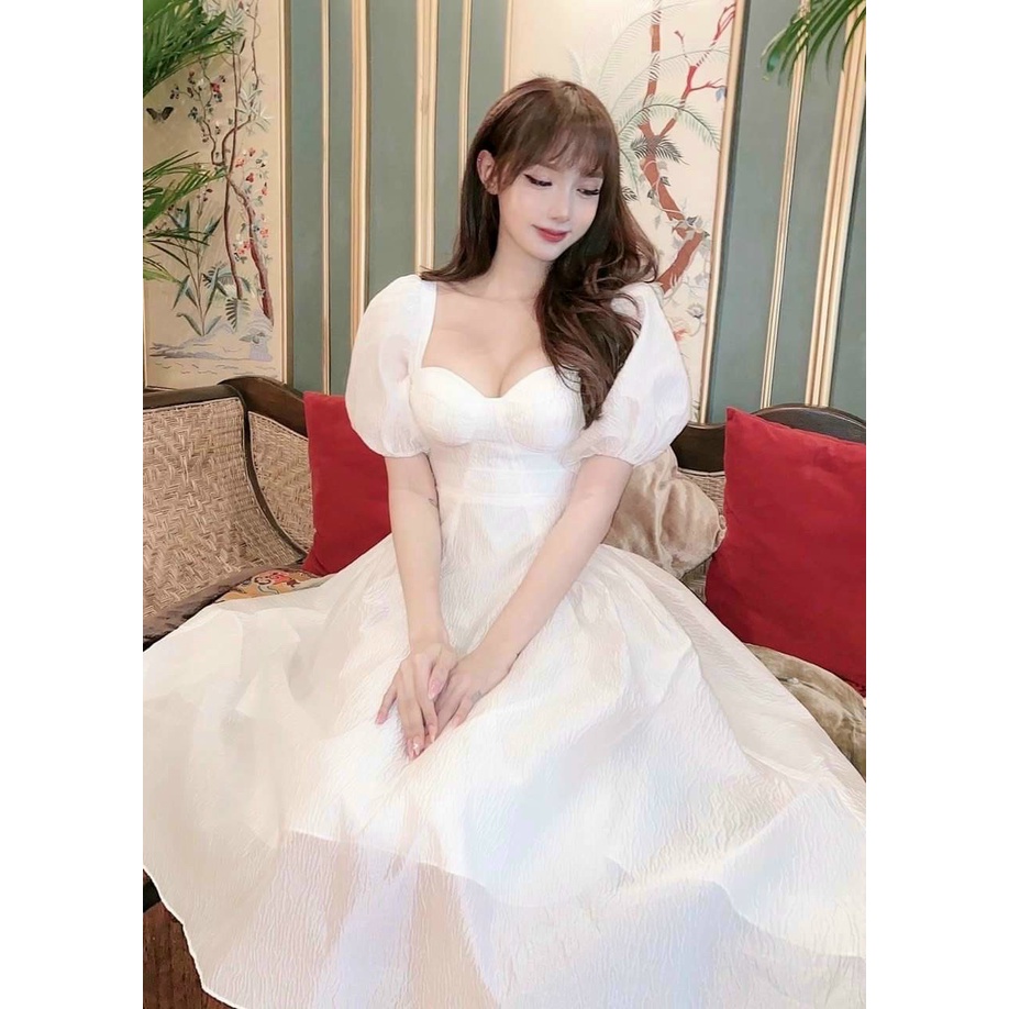 Đầm công chúa, đầm xòe cổ vuông tay phồng dáng dài cột nơ sau có mút ngực màu trắng đỏ xinh đẹp dx