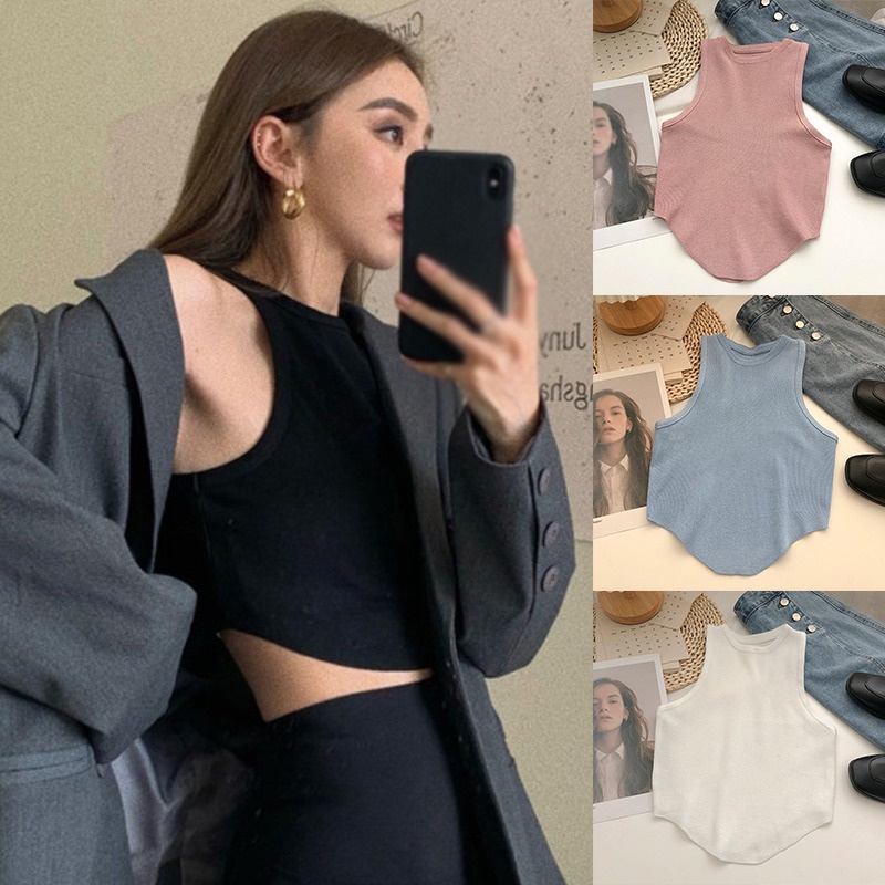 Áo Croptop Dệt Kim Màu Trơn Cổ Tròn Thời Trang Cho Nữ