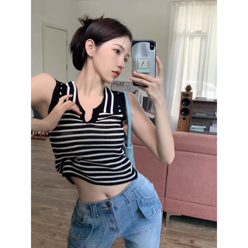 Áo sát nách cổ bẻ kẻ ngang mongtoghi MS863