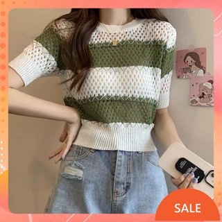 Áo len cộc tay, áo lưới cộc tay kẻ to chất co dãn mẫu mới nhất maianhshop