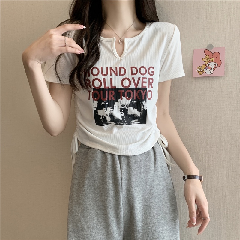 Áo thun PEWARN tay ngắn dáng ôm thiết kế dây rút phong cách harajuku Hàn Quốc cho nữ