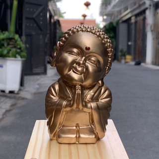 Tượng Đá Chú Tiểu Trang Trí - Tượng Chú Tiểu Cười Vui Vẻ - Màu nhũ đồng - Size Lớn - Cao 12cm