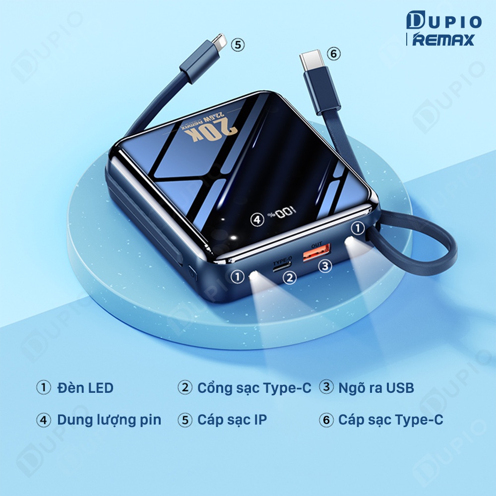 Pin dự phòng sạc nhanh DUPIO Remax PDP01 20000mah type c cute nhỏ gọn có đèn báo