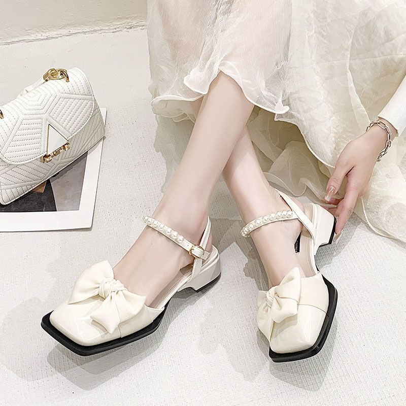 Xăng đan Cao Gót Dày Đính Nơ Ngọc Trai Thời Trang Mùa Hè Hàn Quốc Mới 2022