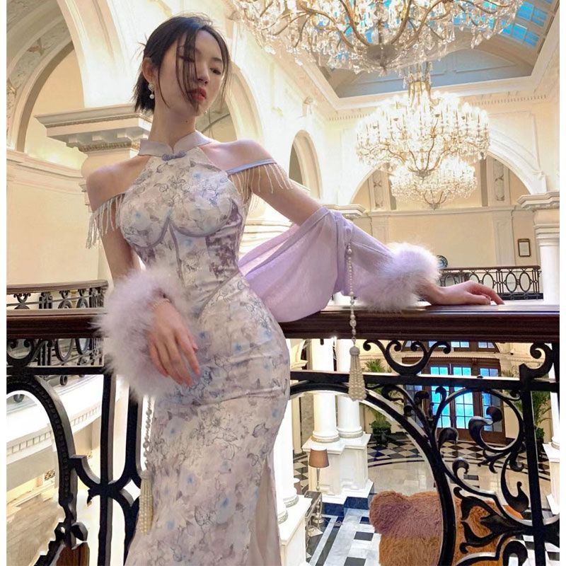 Đầm Ren Tua Rua Công Nghiệp Nặng Mới. Sườn Xám Cao Cấp Màu Tím Sang Trọng Cô Gái Nóng Bỏng Gợi Cảm. Quần Dài Thiết Kế Ngọt Ngào Dễ Thương Dành Cho Nữ