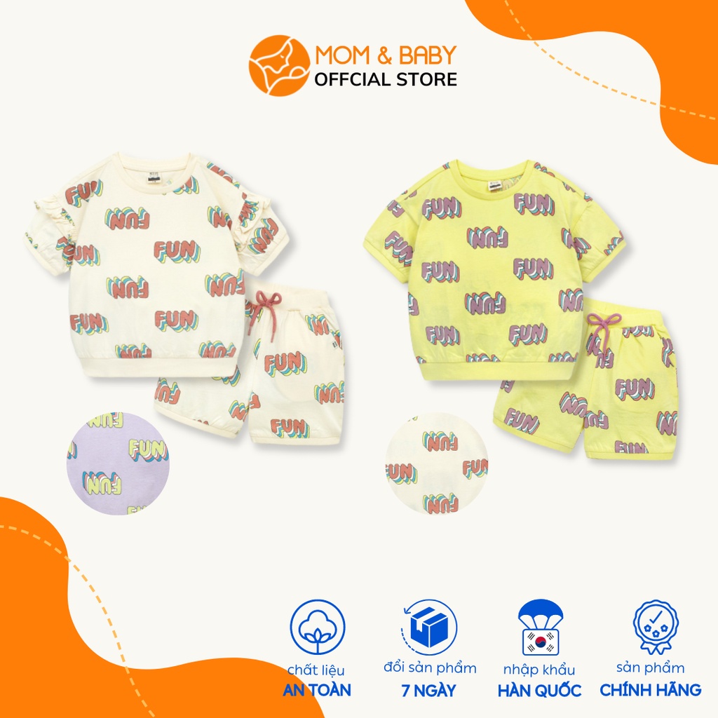 Set đồ bộ short thun bé trai, bé gái Petite Mieux in chữ năng động màu vàng, tím, beige và hồng MOM & BABY EMECE23