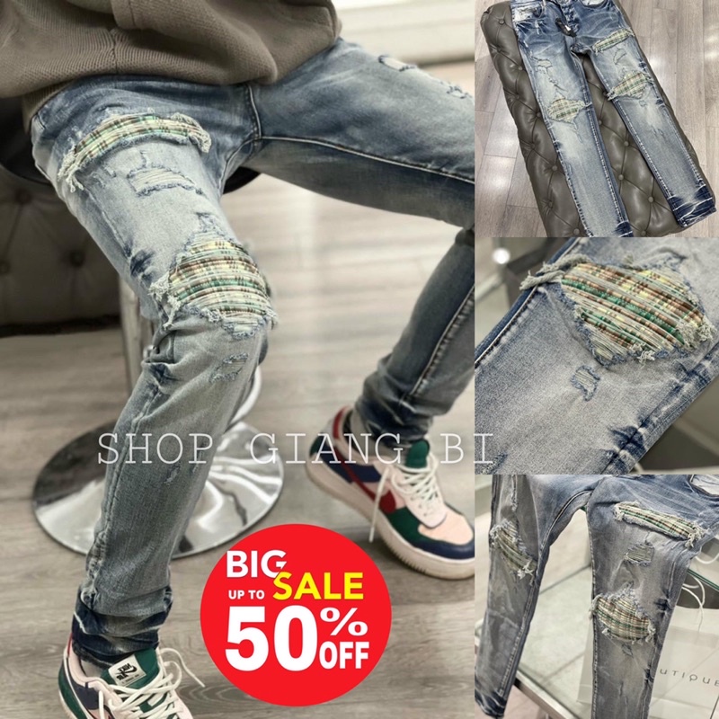 Quần JEAN Amiri Nam Wash Xanh Khói Rách Xù Viền Vá Vải Nhăn Xanh Quần Bò Nam 4 Cúc Xanh Khói Gối Vá Họa Tiết Hot