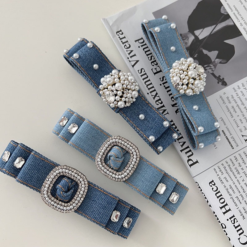 Dây Cột Tóc Vải Denim Đính Ngọc Trai Và Nơ Kiểu Mới