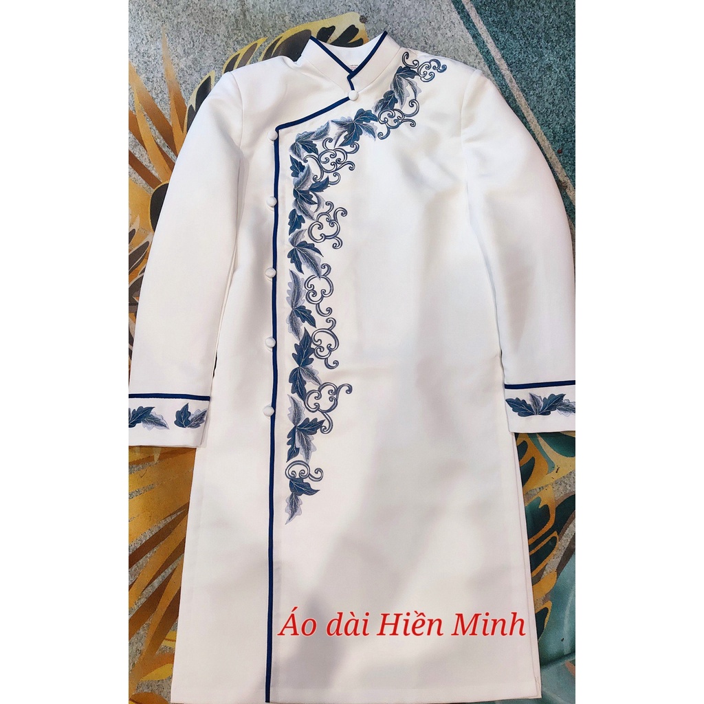 Áo dài nam hoạ tiết thêu tay cao cấp, may 2 lớp , tay vest đứng form áo, Tặng kèm khăn xếp cùng màu áo