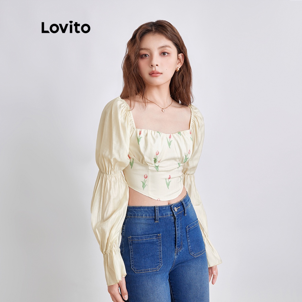 Lovito Áo Sơ Mi L44EE013 (Màu Mơ) Vải Virago Tay Xuyên Thấu Cổ Điển Ditsy | BigBuy360 - bigbuy360.vn