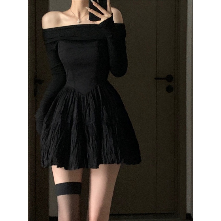 Off-shoulder Black French Style Spring Summer 2023 Women's Dress