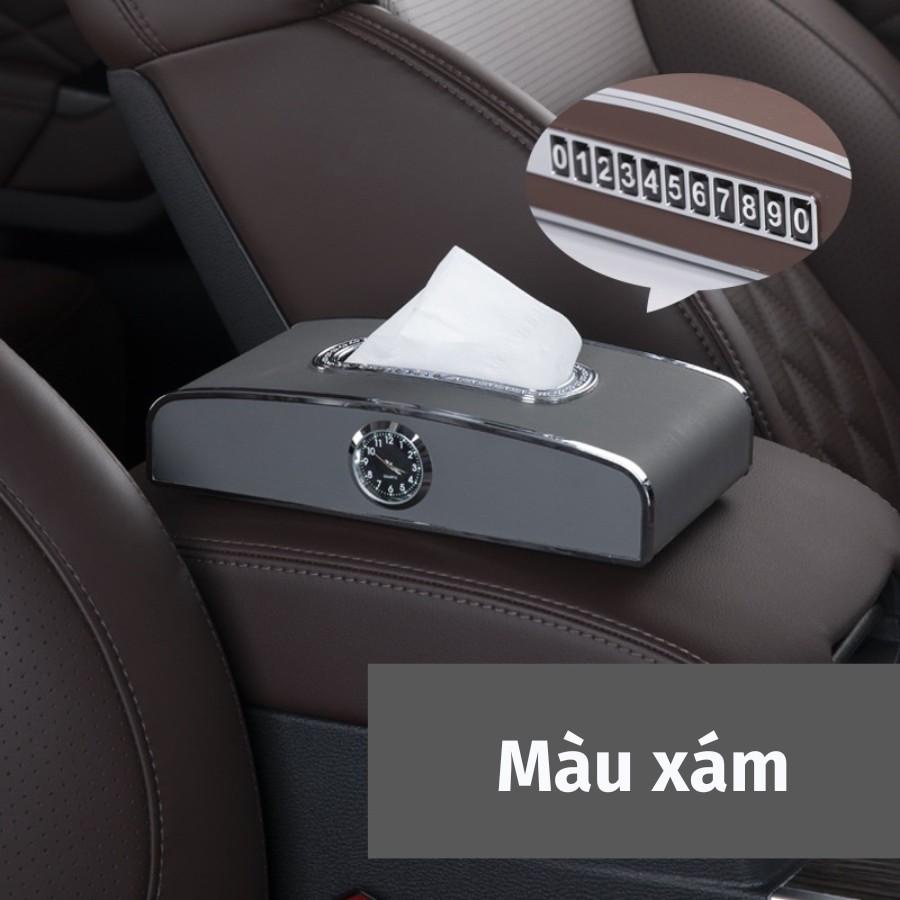 Hộp đựng giấy ăn bọc da cao cấp trên ô tô 3 chức năng tích hợp đồng hồ và bảng số điện thoại tiện lợi