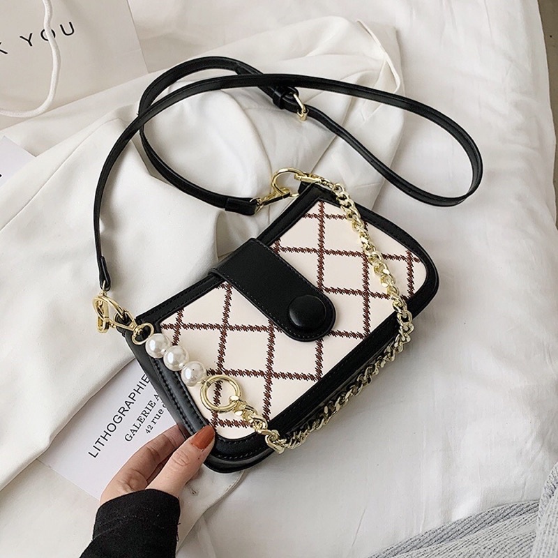 Túi đeo chéo nữ đẹp đi chơi 2 dây và quai xích ngọc trần trám thời trang hàn quốc Zu89