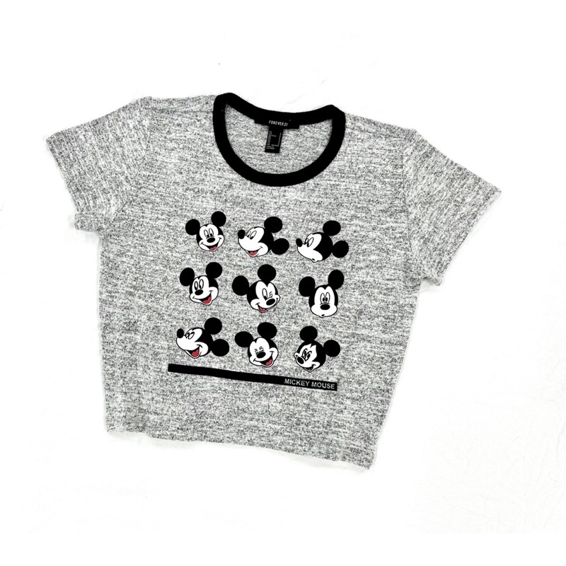 Áo croptop ôm thun len dệt kim xám phối bo đen in Mickey