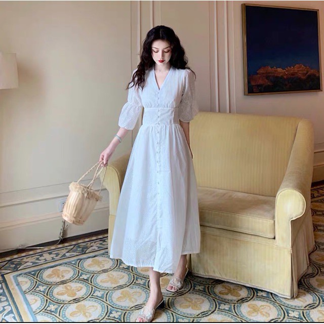 [Order] Váy trắng dài cổ V retro (Kèm ảnh thật)