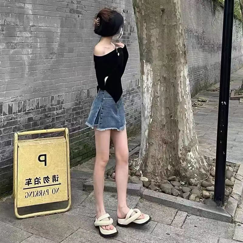 Jiashucheng Chân Váy Denim Chữ a Lưng Cao Dáng Ôm Màu Xanh Dương Thời Trang Mùa Hè Cho Nữ