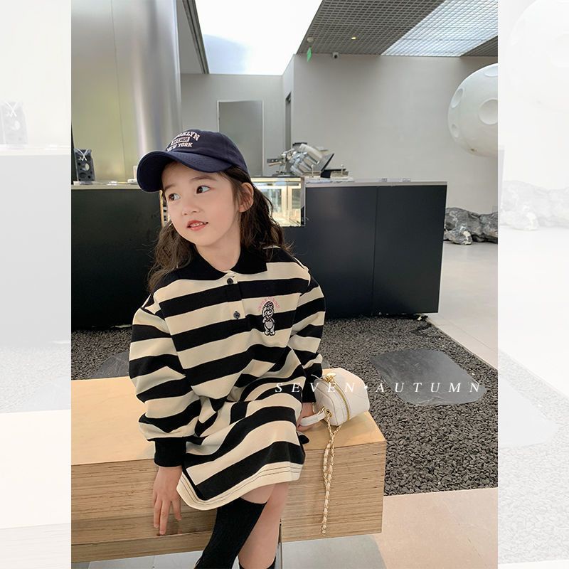 [Babycat] Hàng Có Sẵn Đầm Thun polo Dáng Suông Dài Vừa Vặn Họa Tiết Kẻ Sọc Phong Cách Hàn Quốc Nhật Bản Mùa Xuân Thu Cho Bé Gái