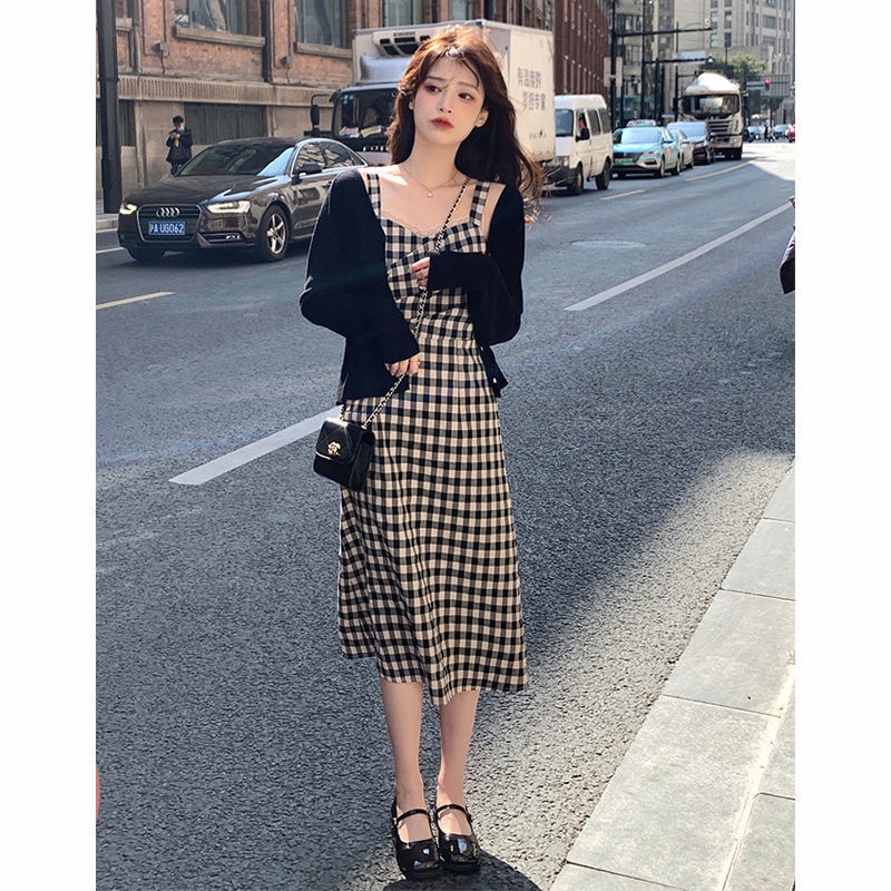 Đầm Dệt Kim Dáng Dài Chống Nắng Họa Tiết Sọc Caro Phong Cách Pháp Cổ Điển Thời Trang Mùa Xuân Cho Nữ