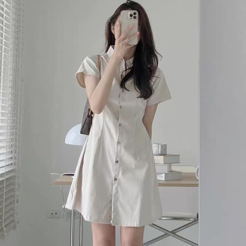 Váy sơ mi cúc gỗ có túi PIKA.CLOTHINGG dáng chữ A có bo chun lưng, Váy polo cổ sơ mi dáng dài chất 2 da thô mềm