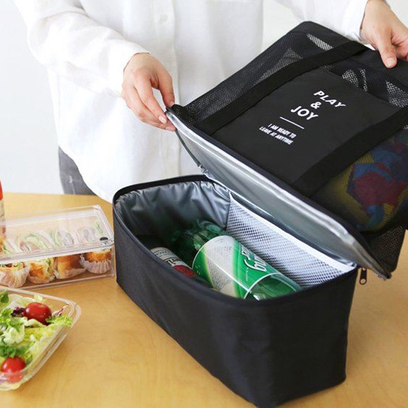 Giỏ túi 2 tầng cách nhiệt, túi lưới đeo vai đi biển dã ngoại du lịch picnic tiện dụng