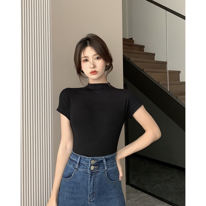 QKOOLE Áo thun  cotton cổ cao tay ngắn ôm dáng màu trơn thời trang mùa hè quyến rũ dành cho nữ